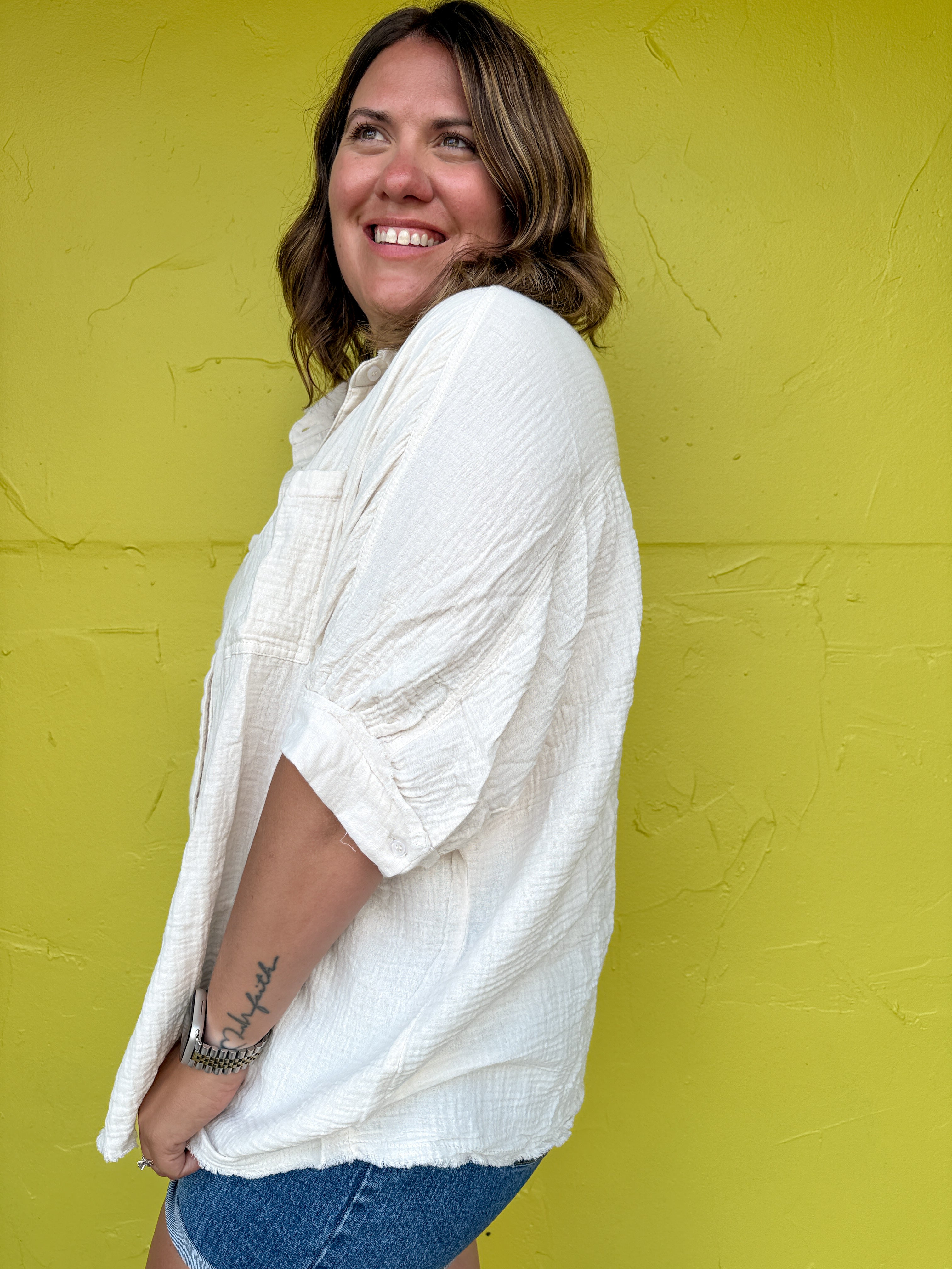 Crinkled Gauze Button Down Top