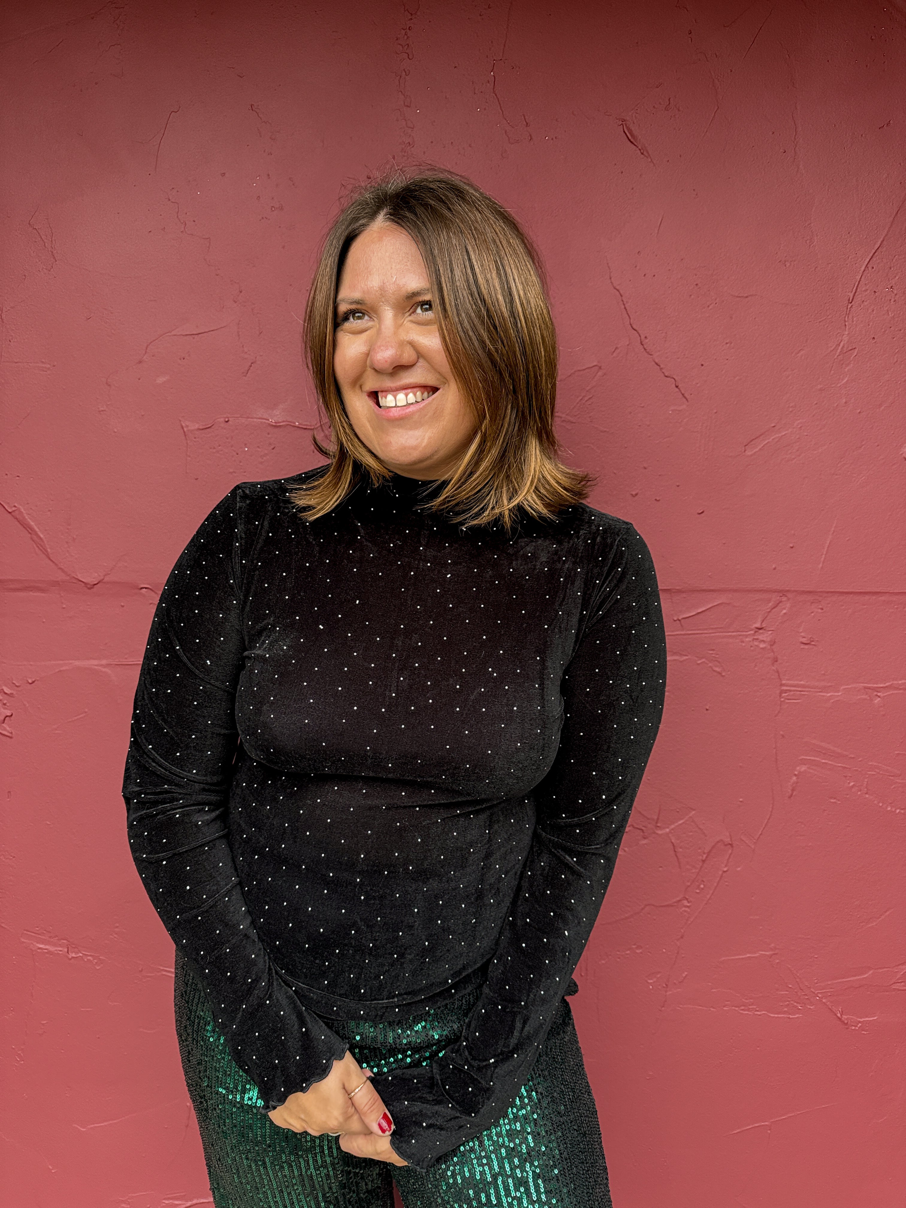 Stone Embellished Mock Neck Top