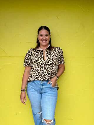 Leopard Mock Neck Button Down Top
