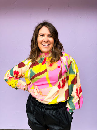 Floral Smocked Stand Neck Blouse