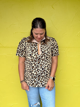 Leopard Mock Neck Button Down Top