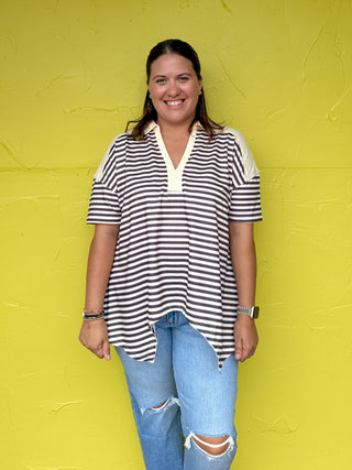Collared Stripe Colorblock Top