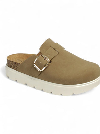 Faux Suede Platform Clogs with Gold Buckle