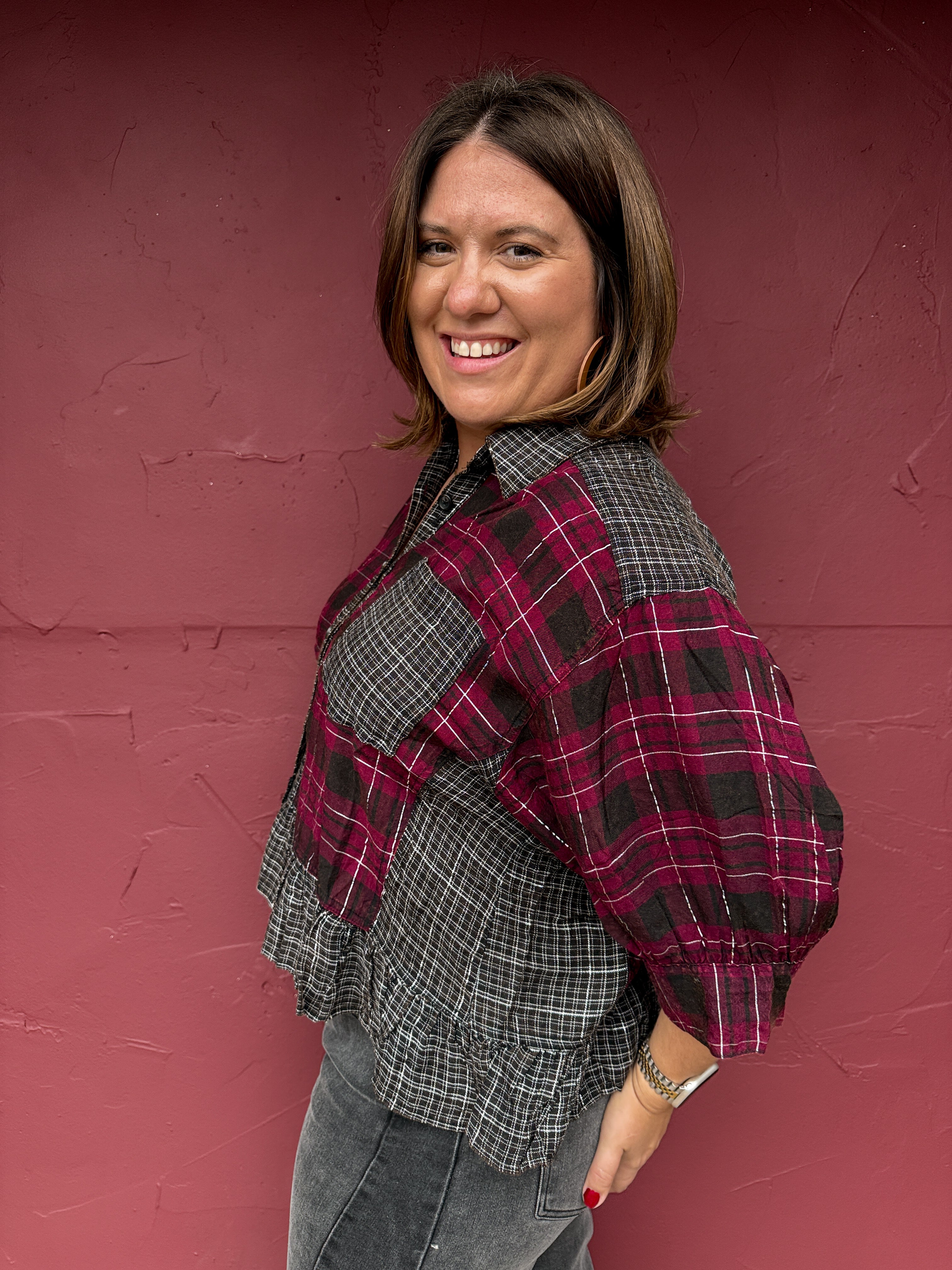 Plaid Mixed Media Ruffle Hem Top