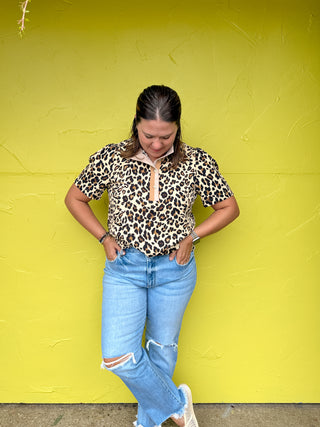 Leopard Mock Neck Button Down Top
