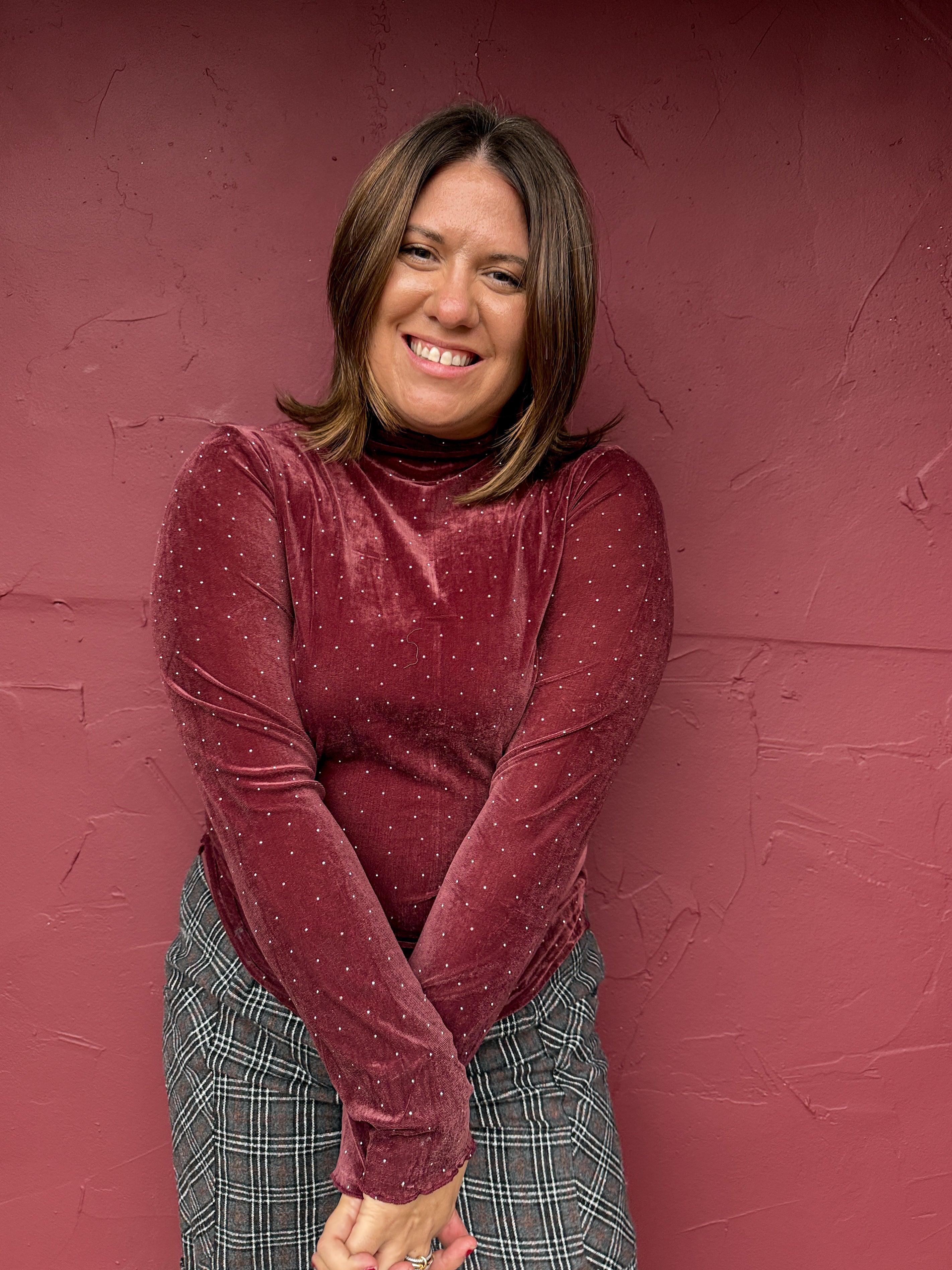 Stone Embellished Mock Neck Top