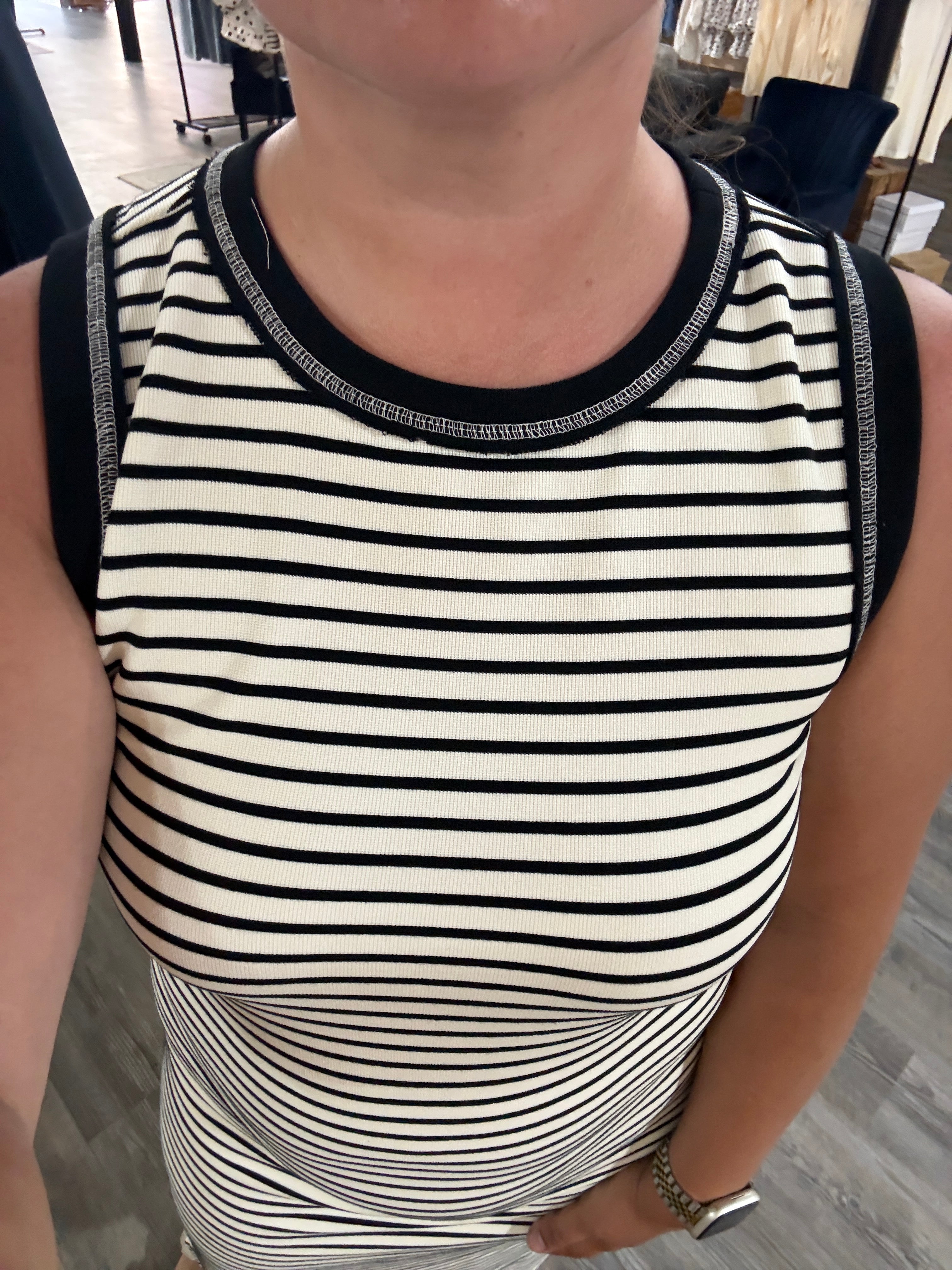 Stripe Contrast Trim Sleeveless Knit Midi Dress