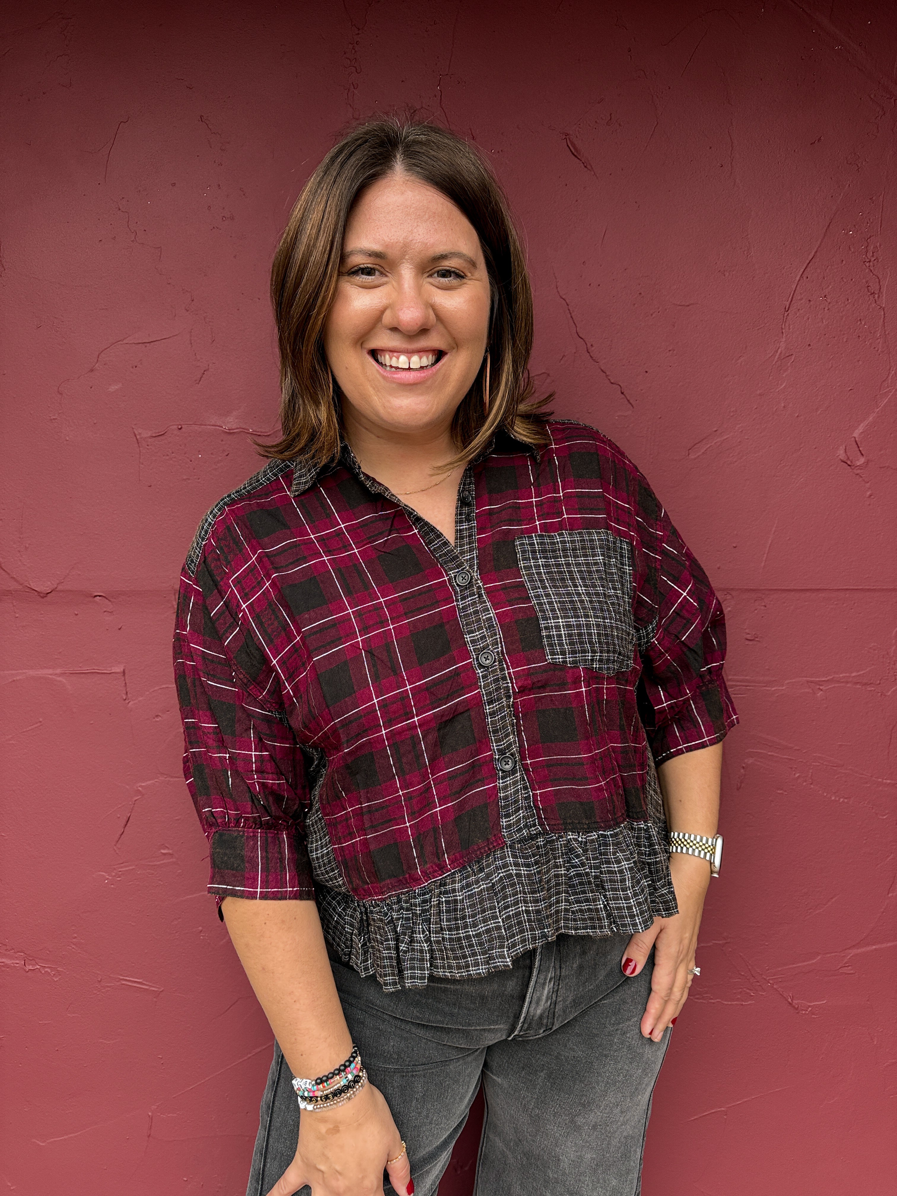 Plaid Mixed Media Ruffle Hem Top