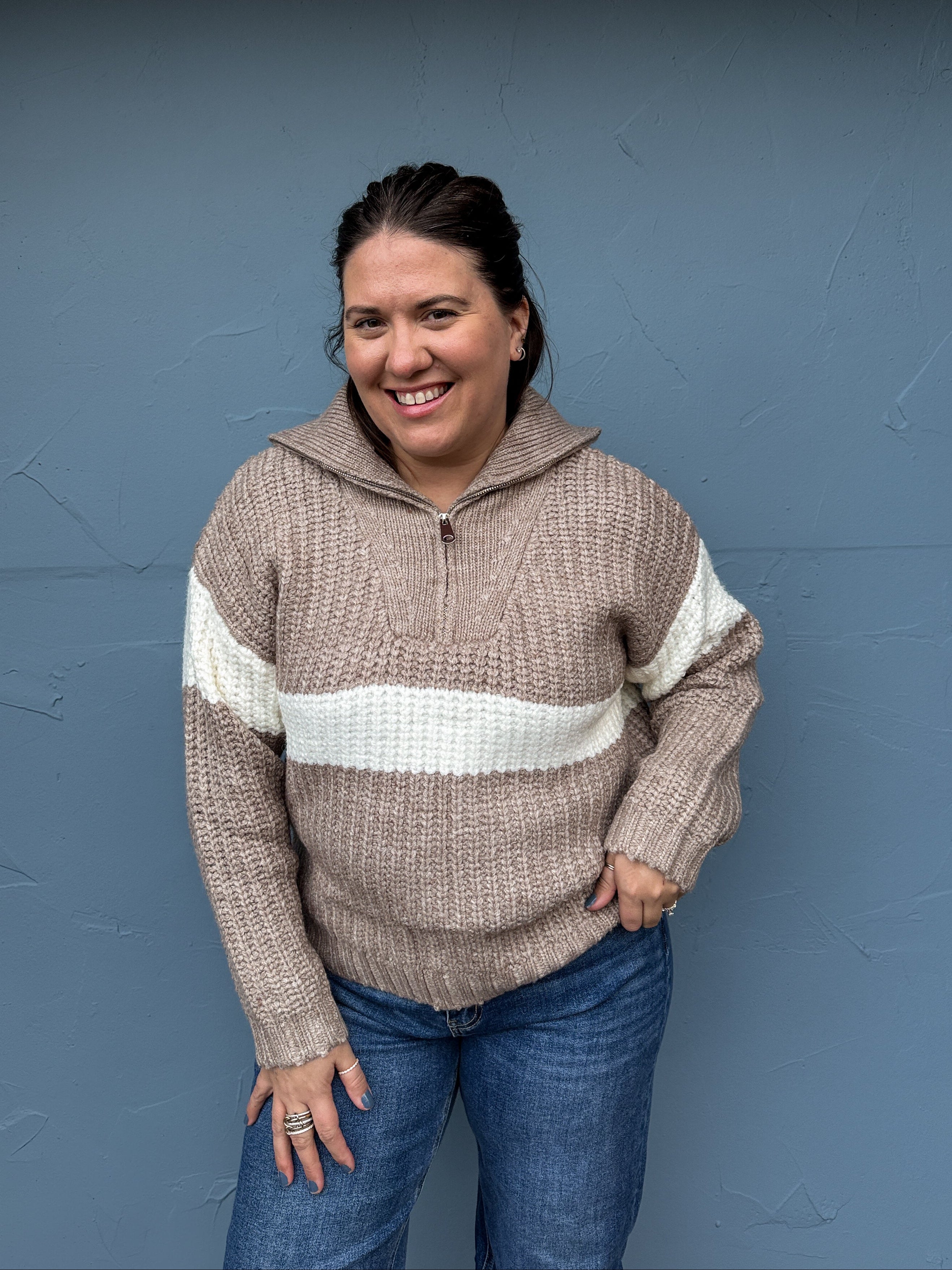 Contrast Stripe Half Zip Sweater