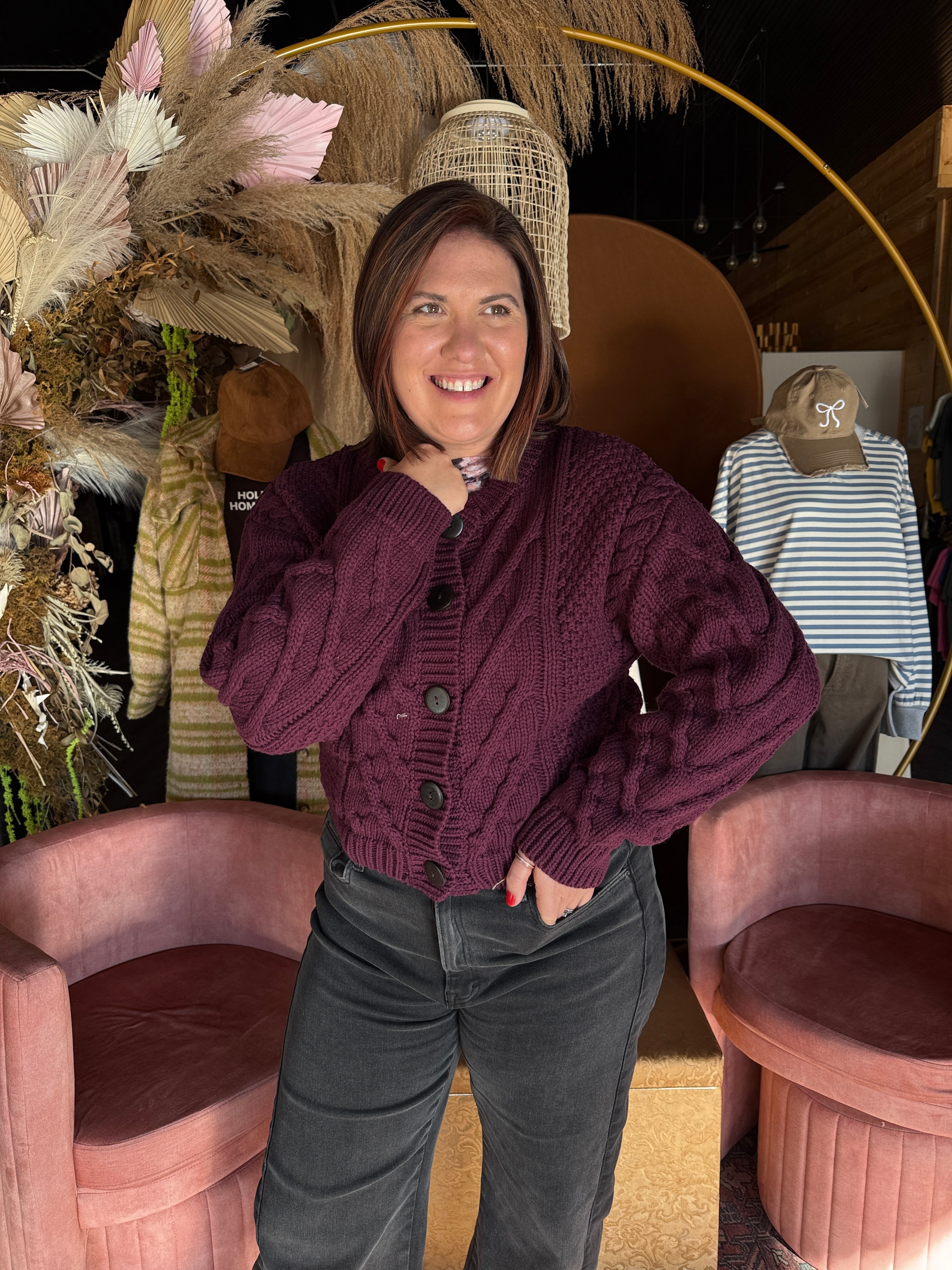 Cropped Cable Knit Button Cardigan