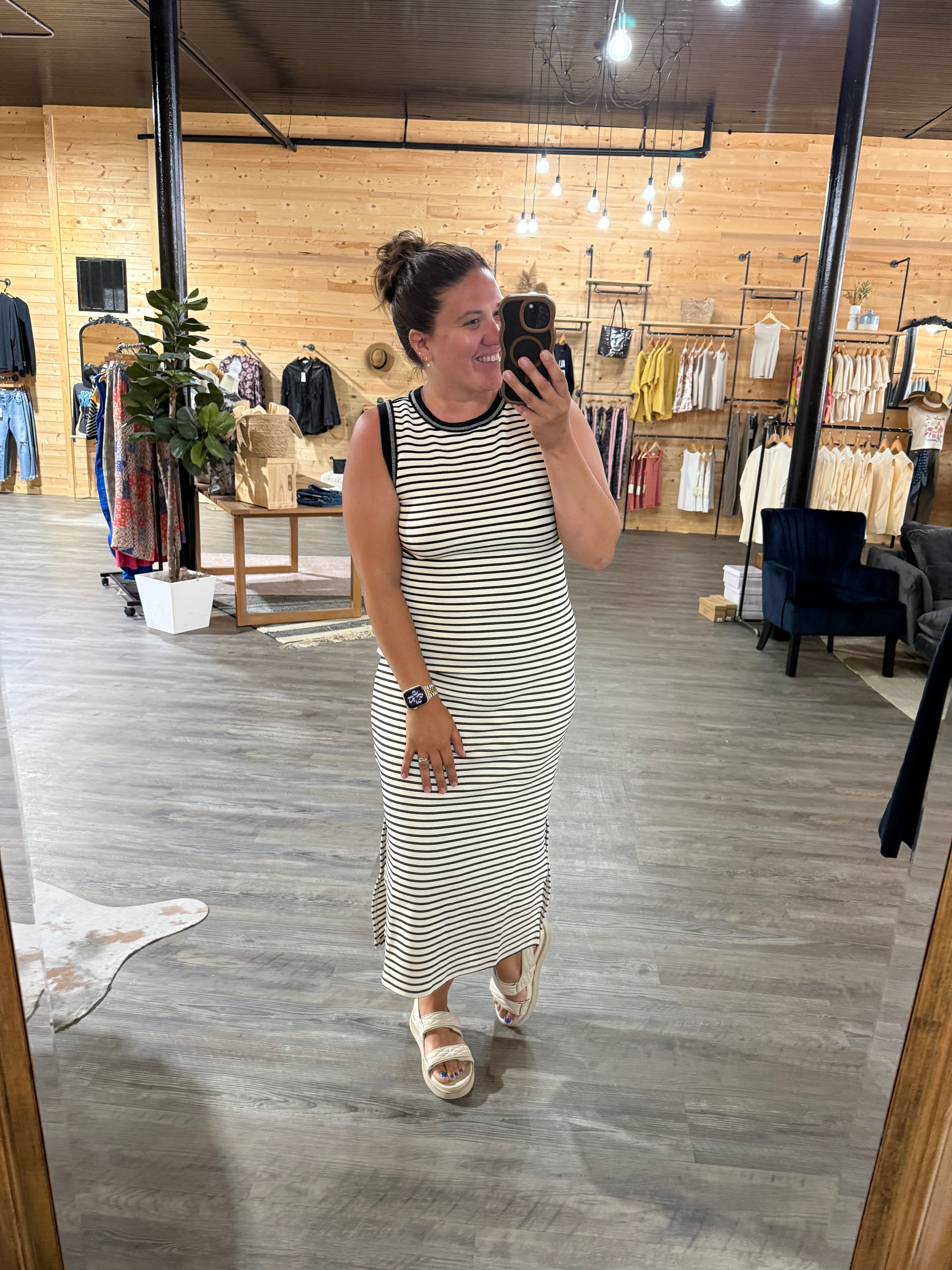Stripe Contrast Trim Sleeveless Knit Midi Dress