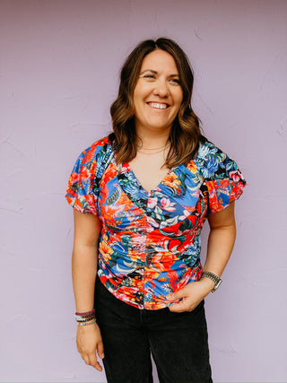 Floral Ruched V-Neck Blouse