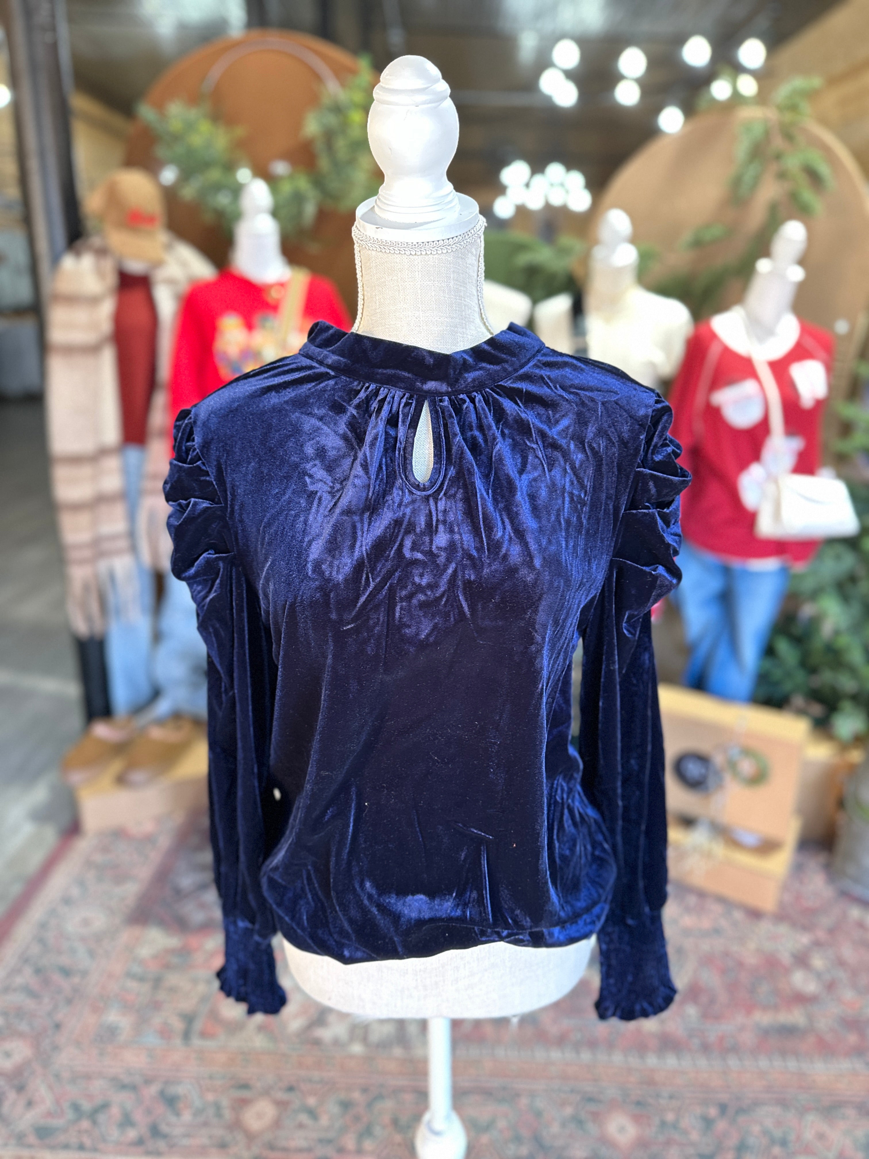 Mock Neck Puff Sleeve Velvet Blouse