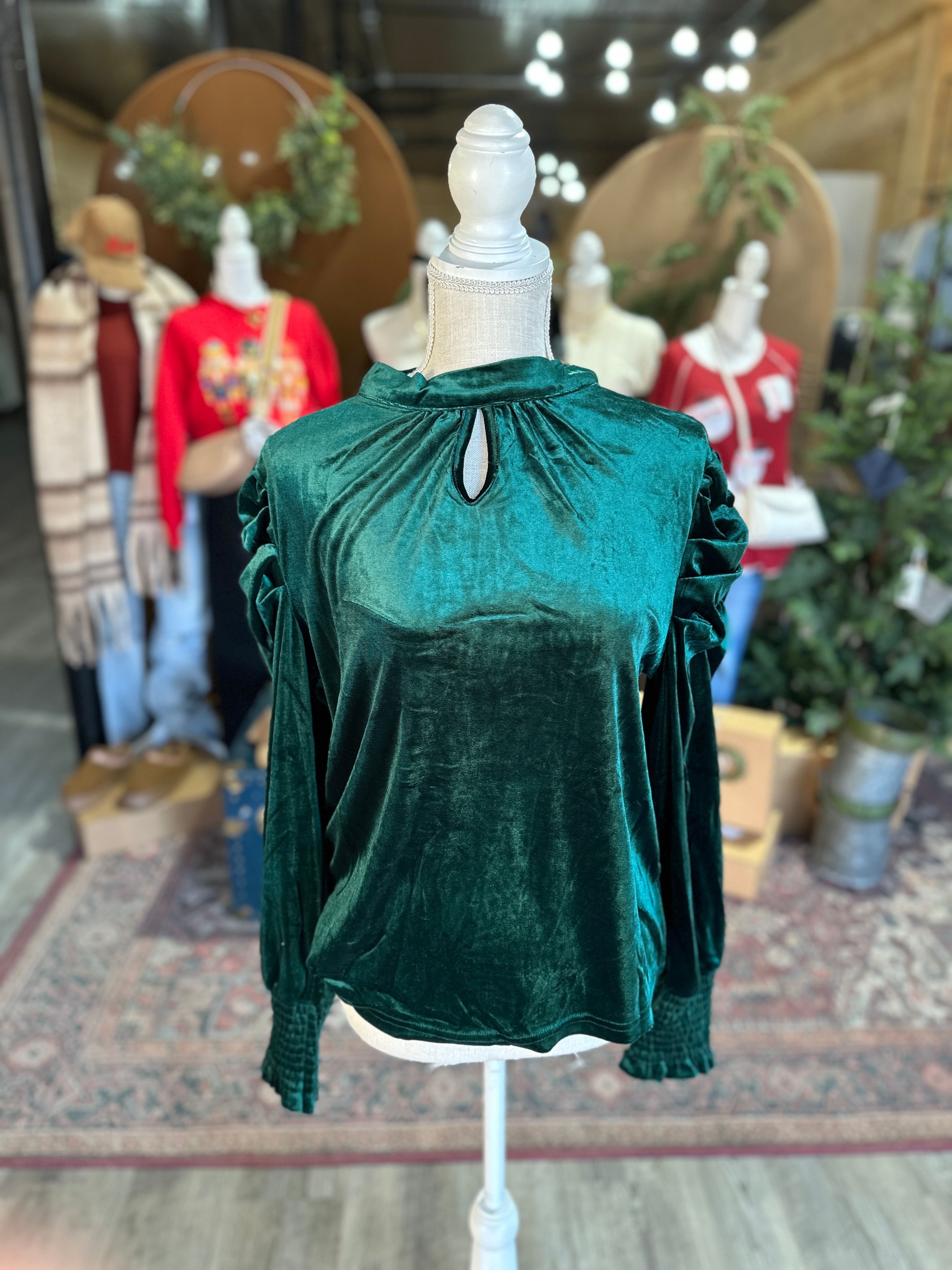 Mock Neck Puff Sleeve Velvet Blouse