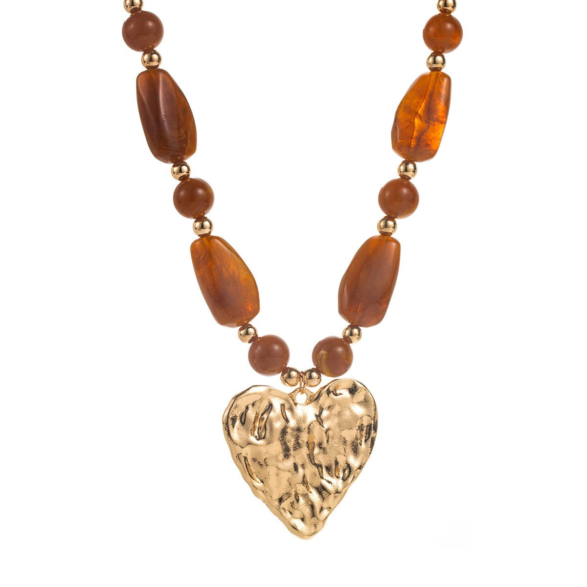 Hammered Heart Pendant Resin Beaded Necklace