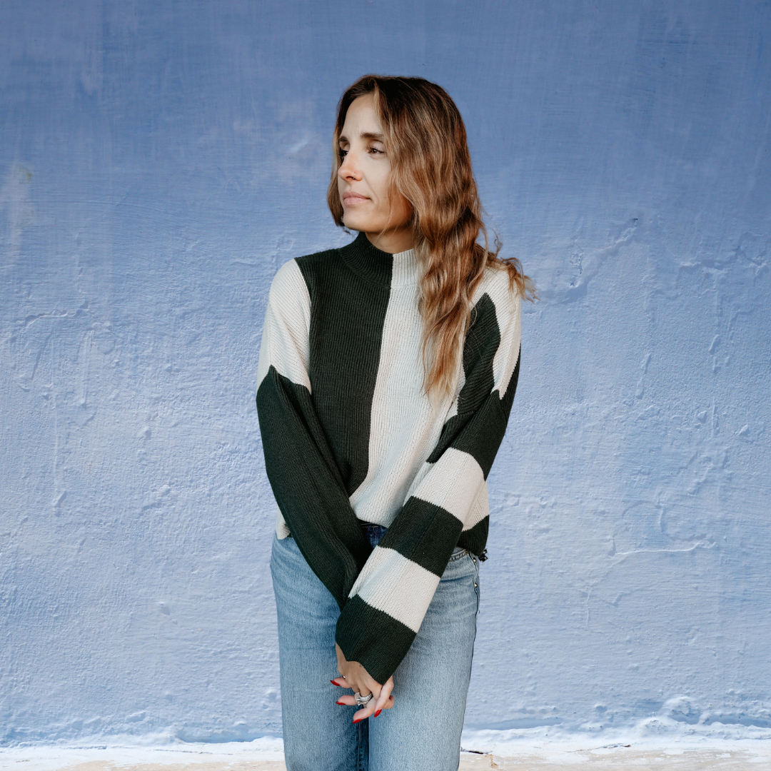 Stripe Colorblock Mock Neck Knit Sweater