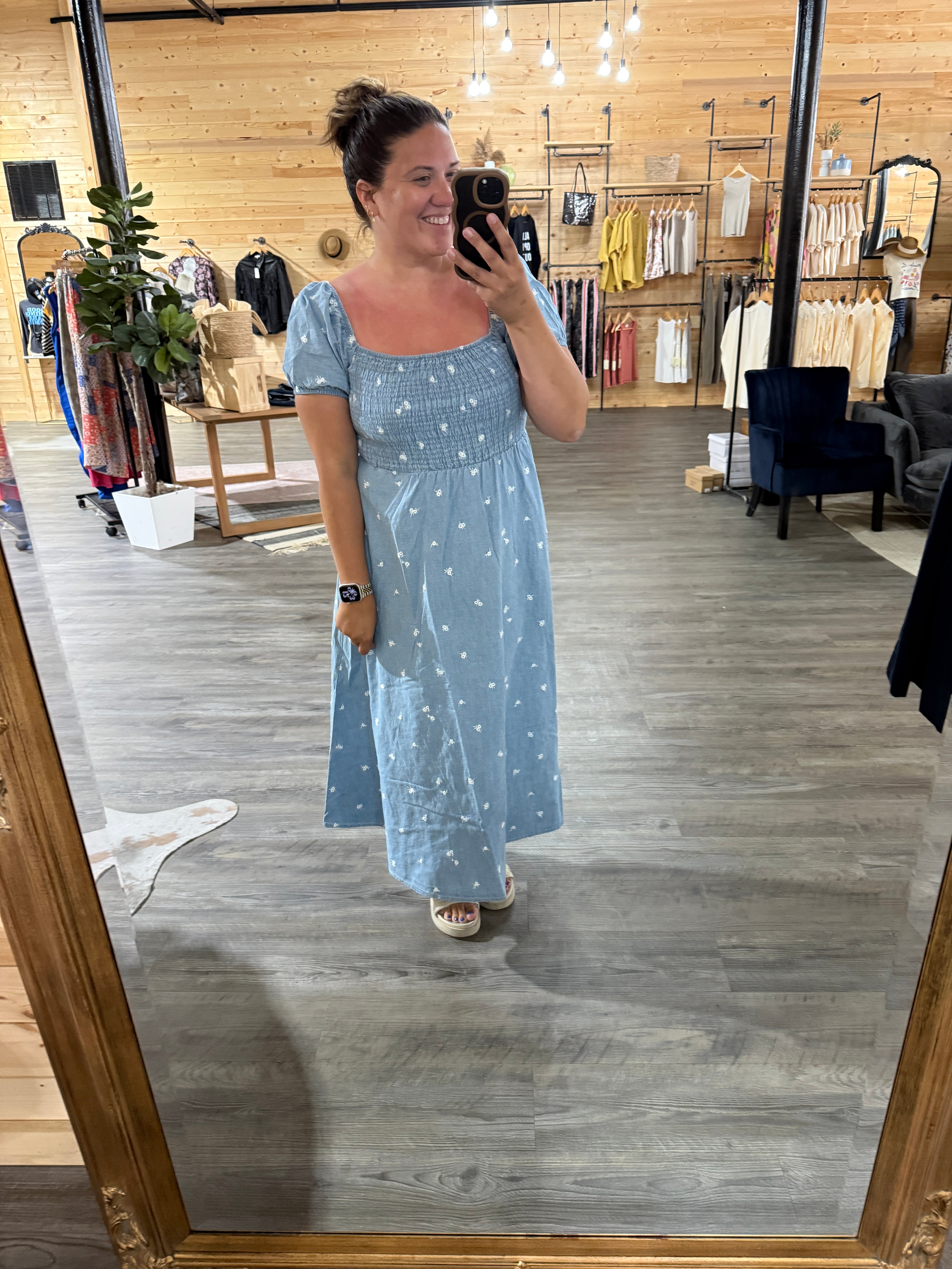 Floral Embroidery Smocked Denim Midi Dress