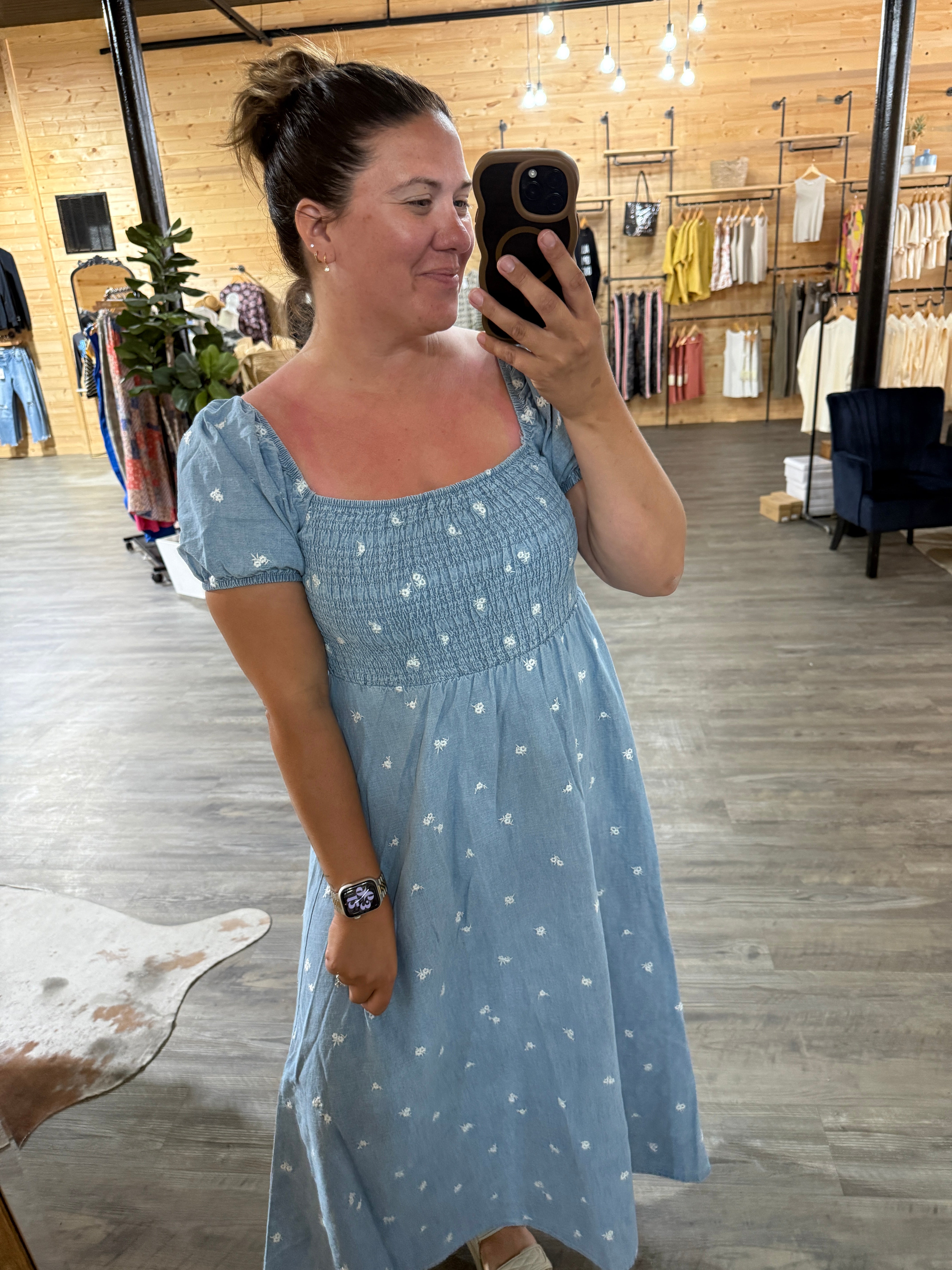 Floral Embroidery Smocked Denim Midi Dress