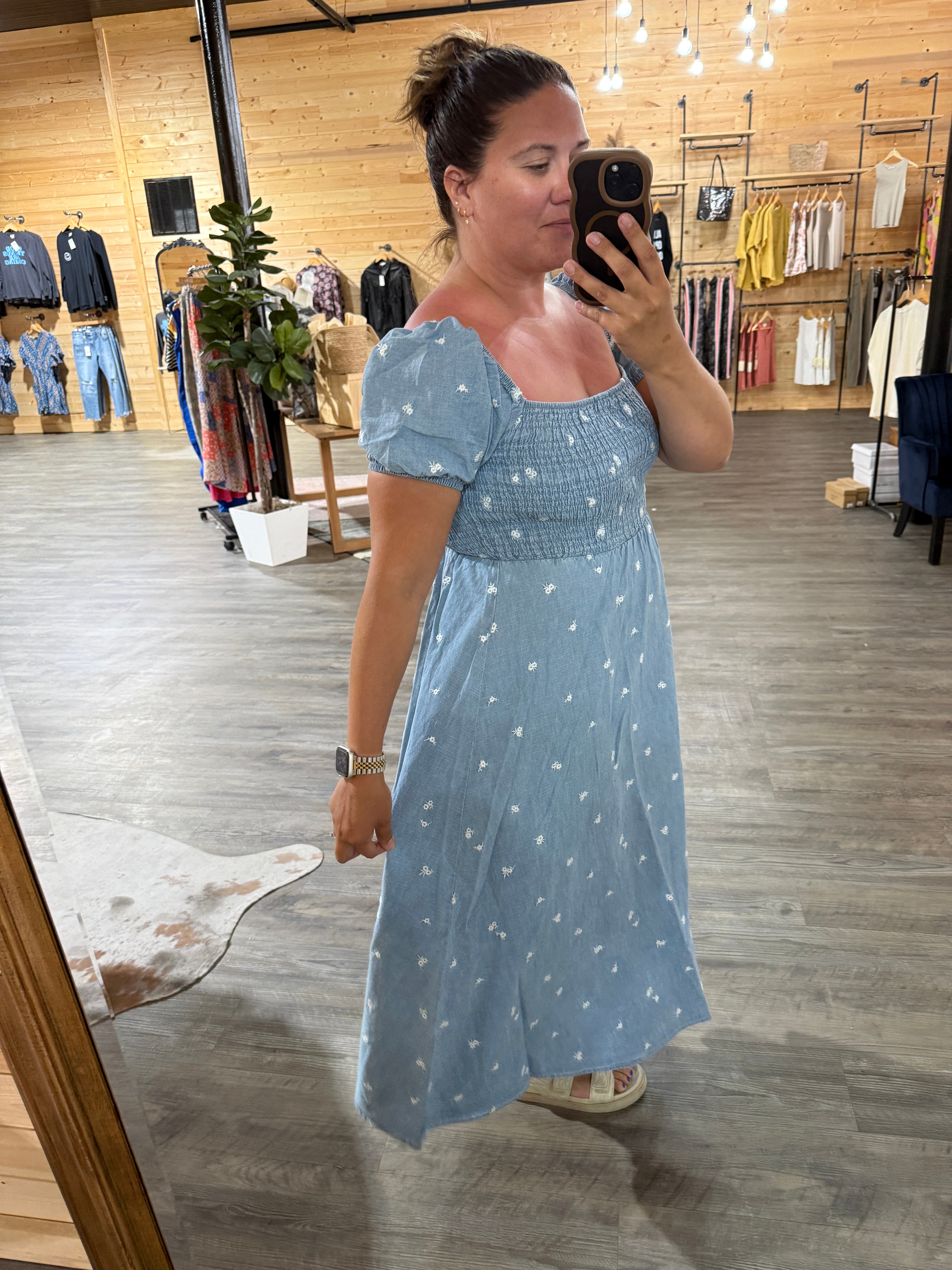 Floral Embroidery Smocked Denim Midi Dress