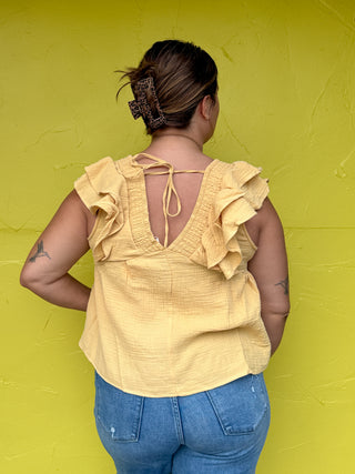 Smocking Detail Ruffle Sleeve Cotton Gauze Top