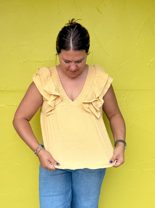 Smocking Detail Ruffle Sleeve Cotton Gauze Top