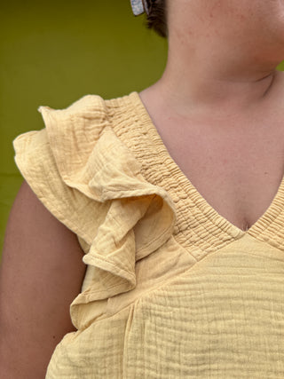 Smocking Detail Ruffle Sleeve Cotton Gauze Top