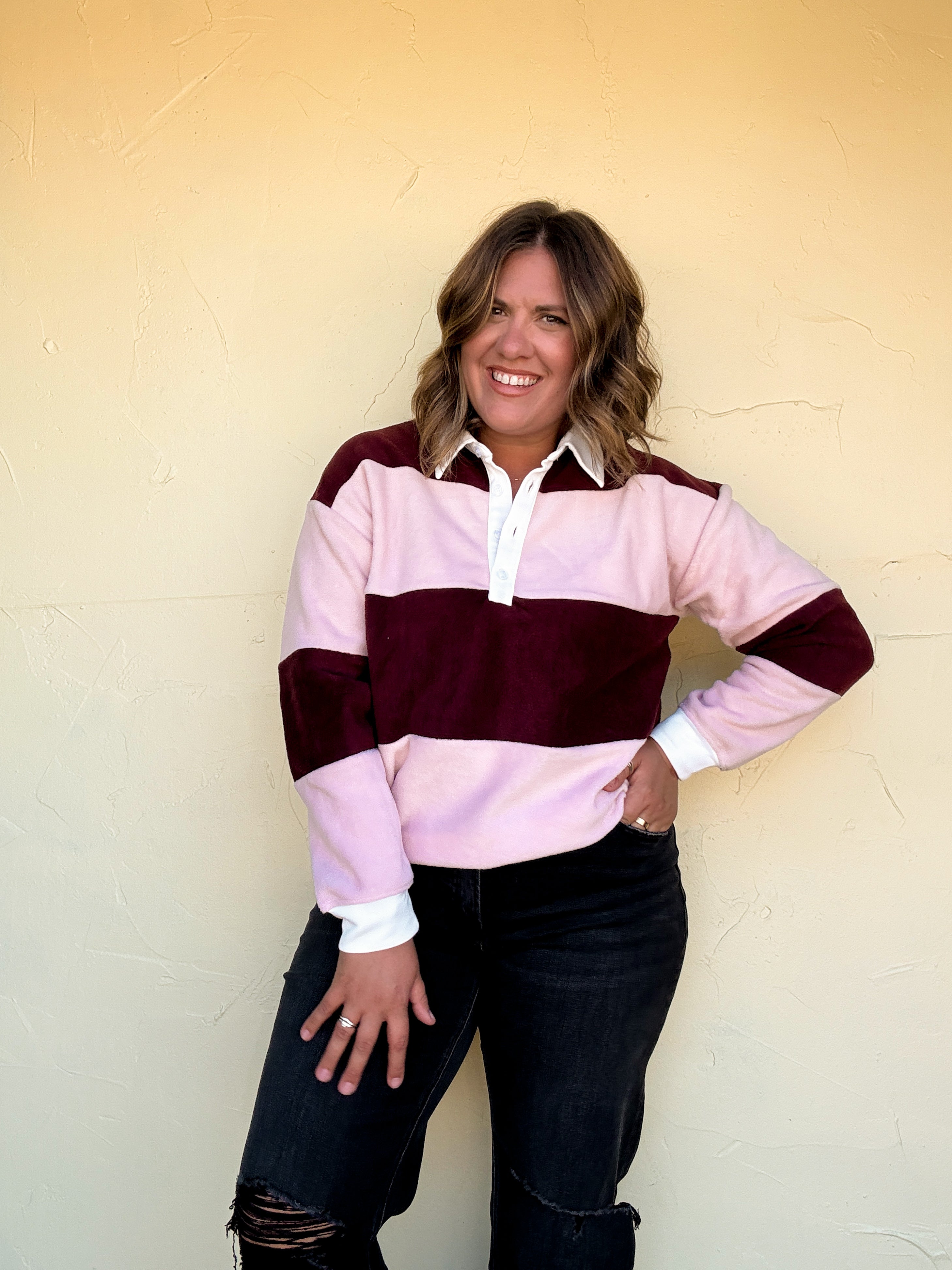 Rugby Stripe Fleece Polo Top