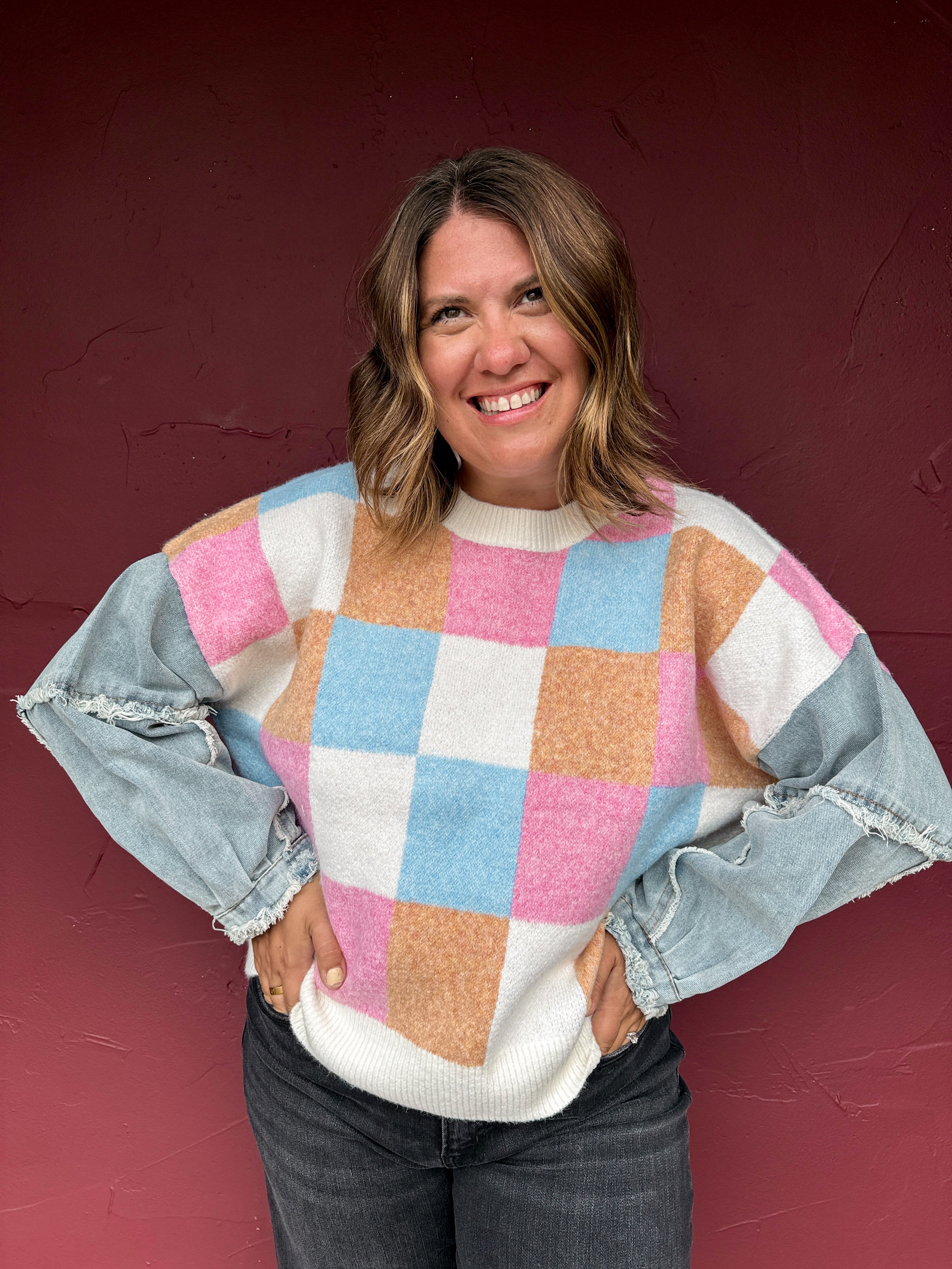 Color Block Checkered Sweater with Denim Sleeves