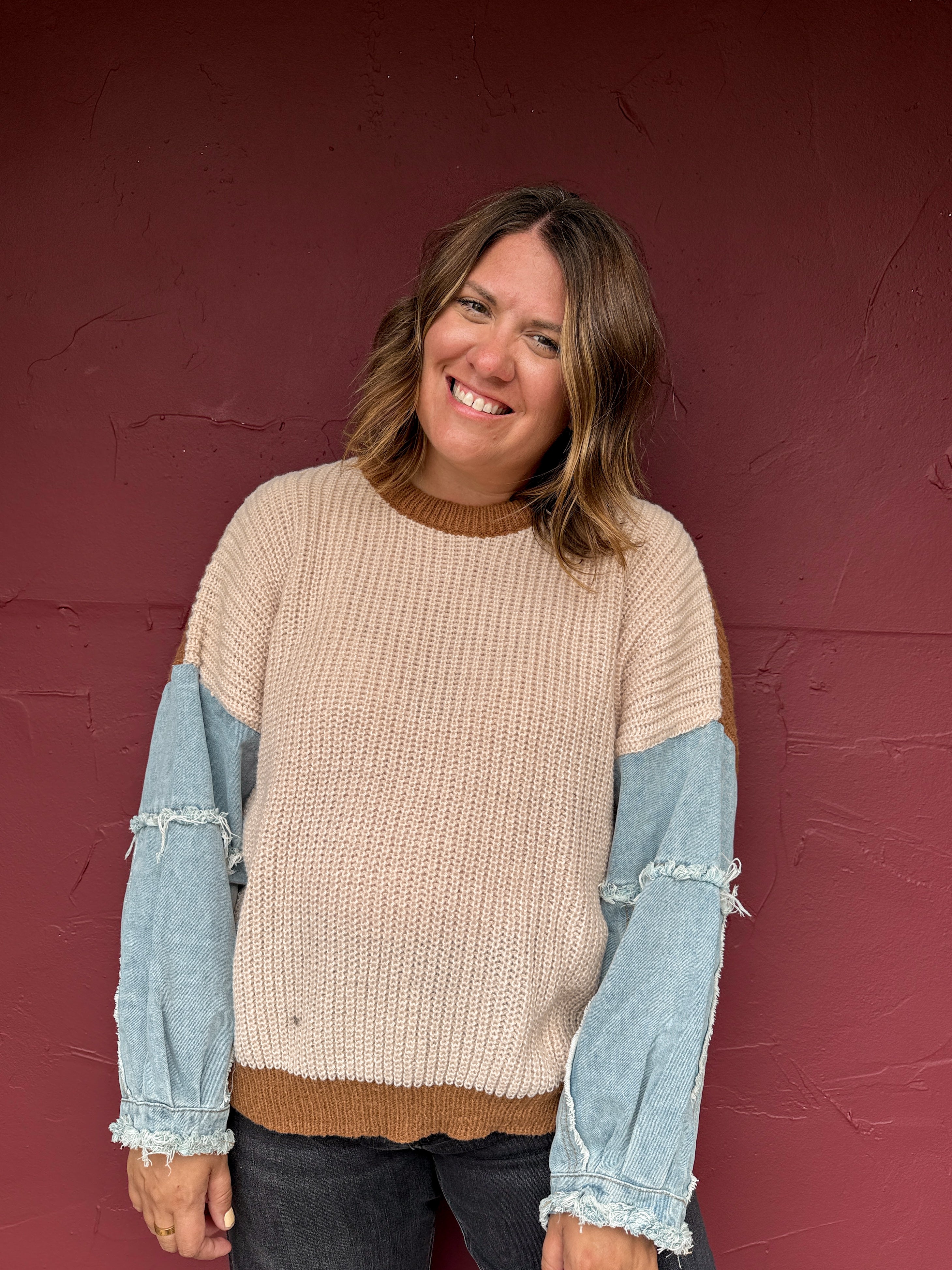 Denim Sleeve Colorblock Sweater