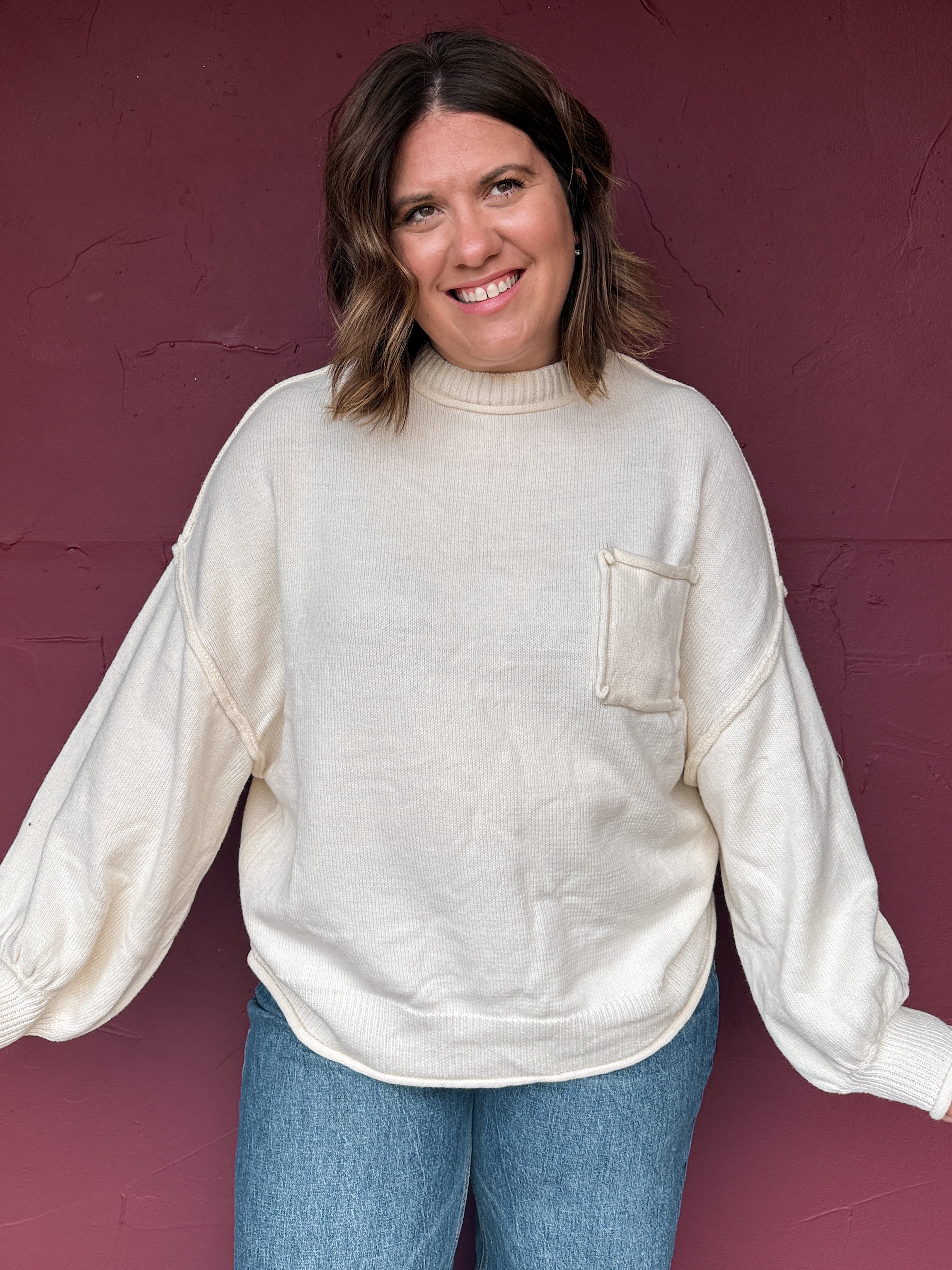 Balloon Sleeve Pocket Sweater