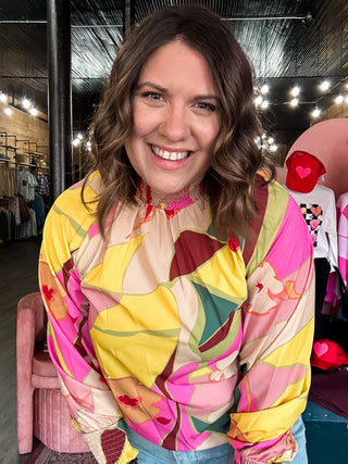 Multicolor Floral Smocked Stand Neck Blouse