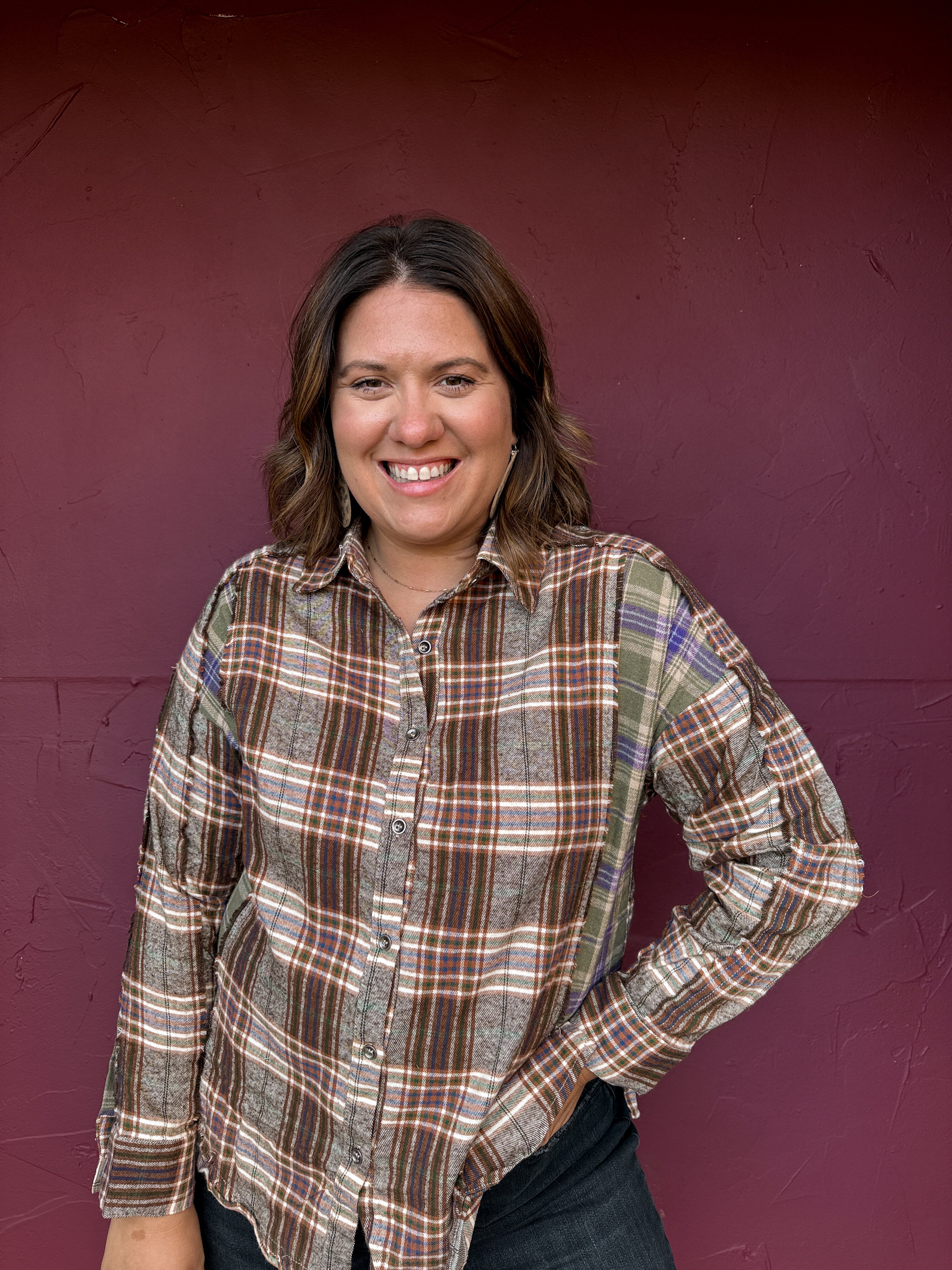 Contrast Plaid Button Top