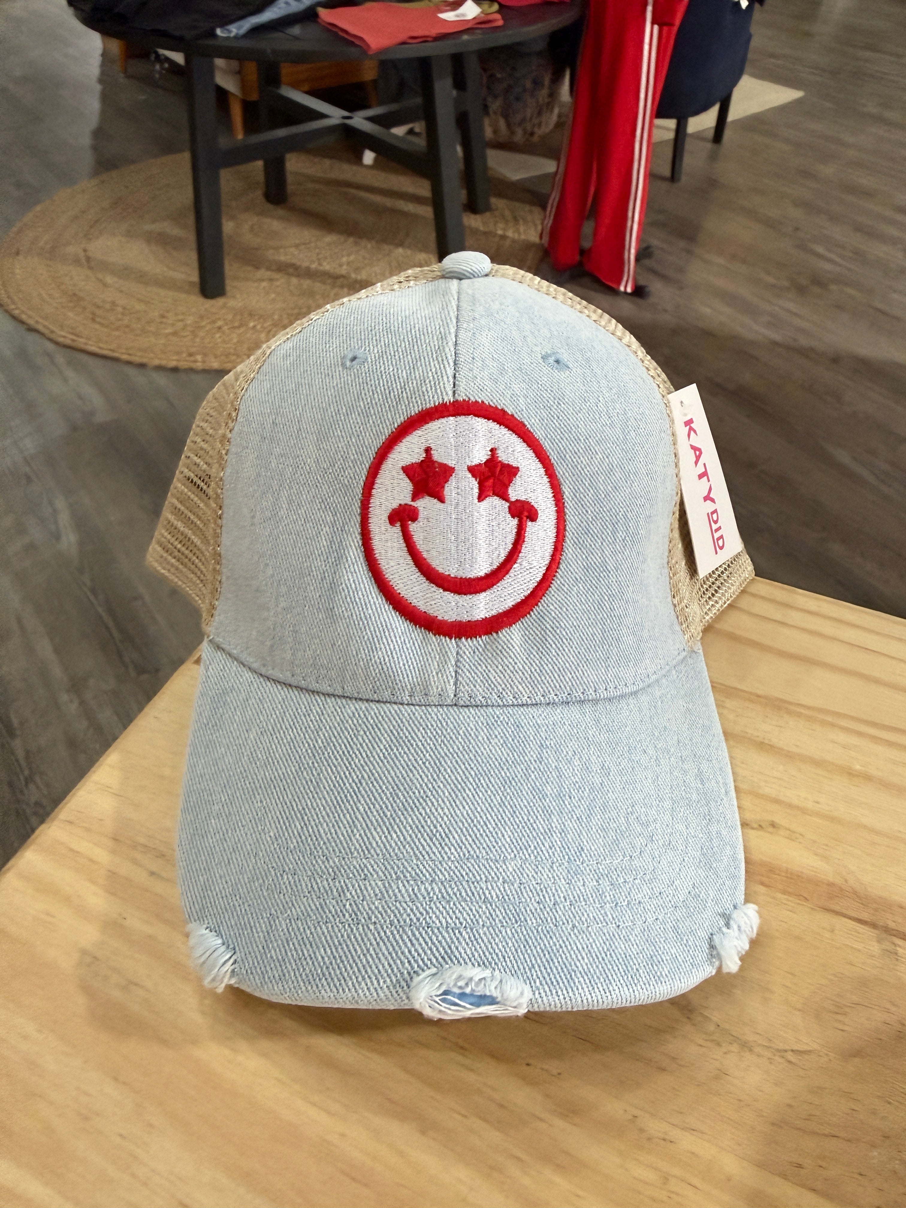 Smiley Star Patch Denim Trucker Hat