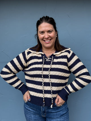 Lace Up Striped Cable Knit Sweater