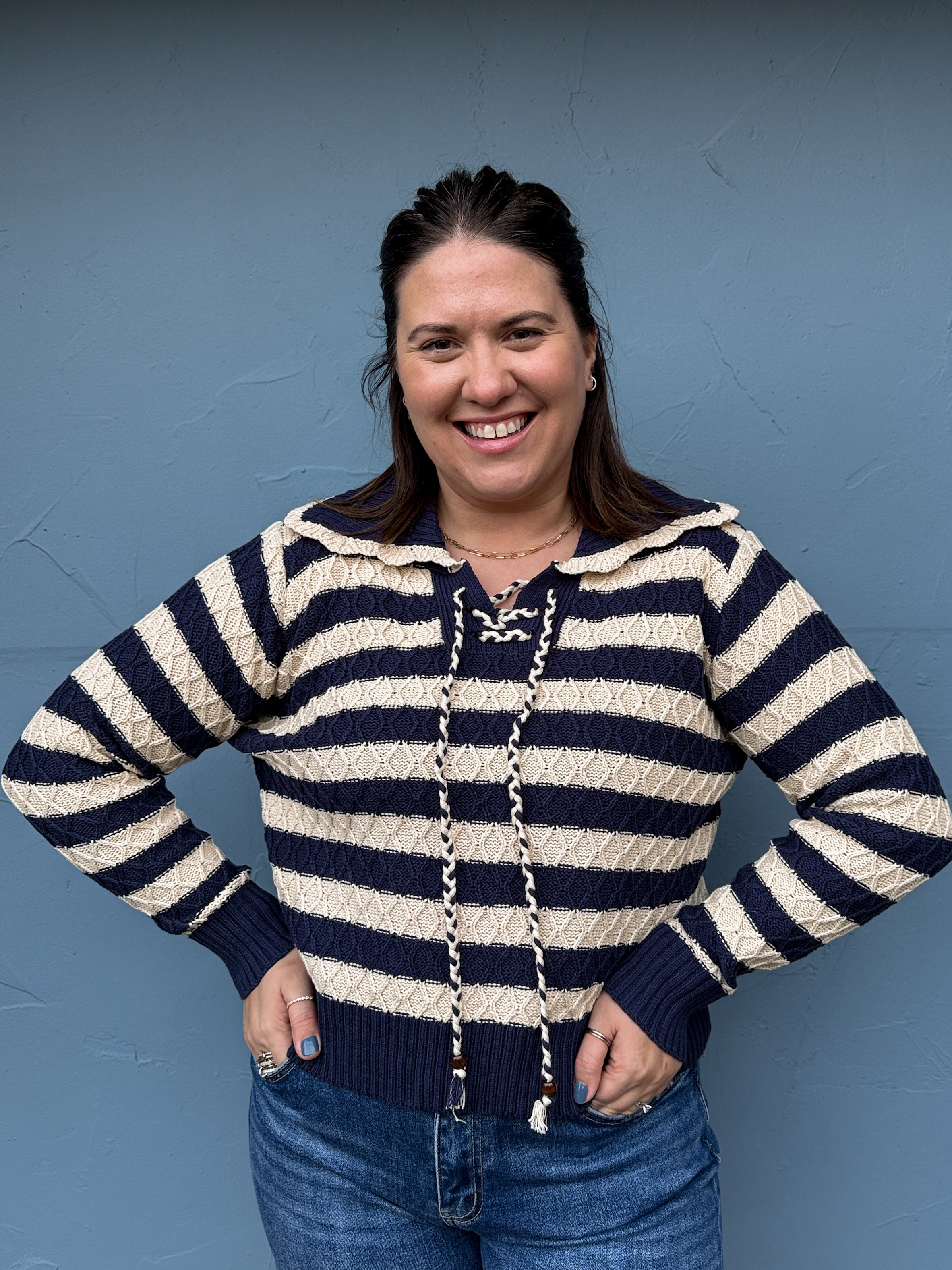 Lace Up Striped Cable Knit Sweater