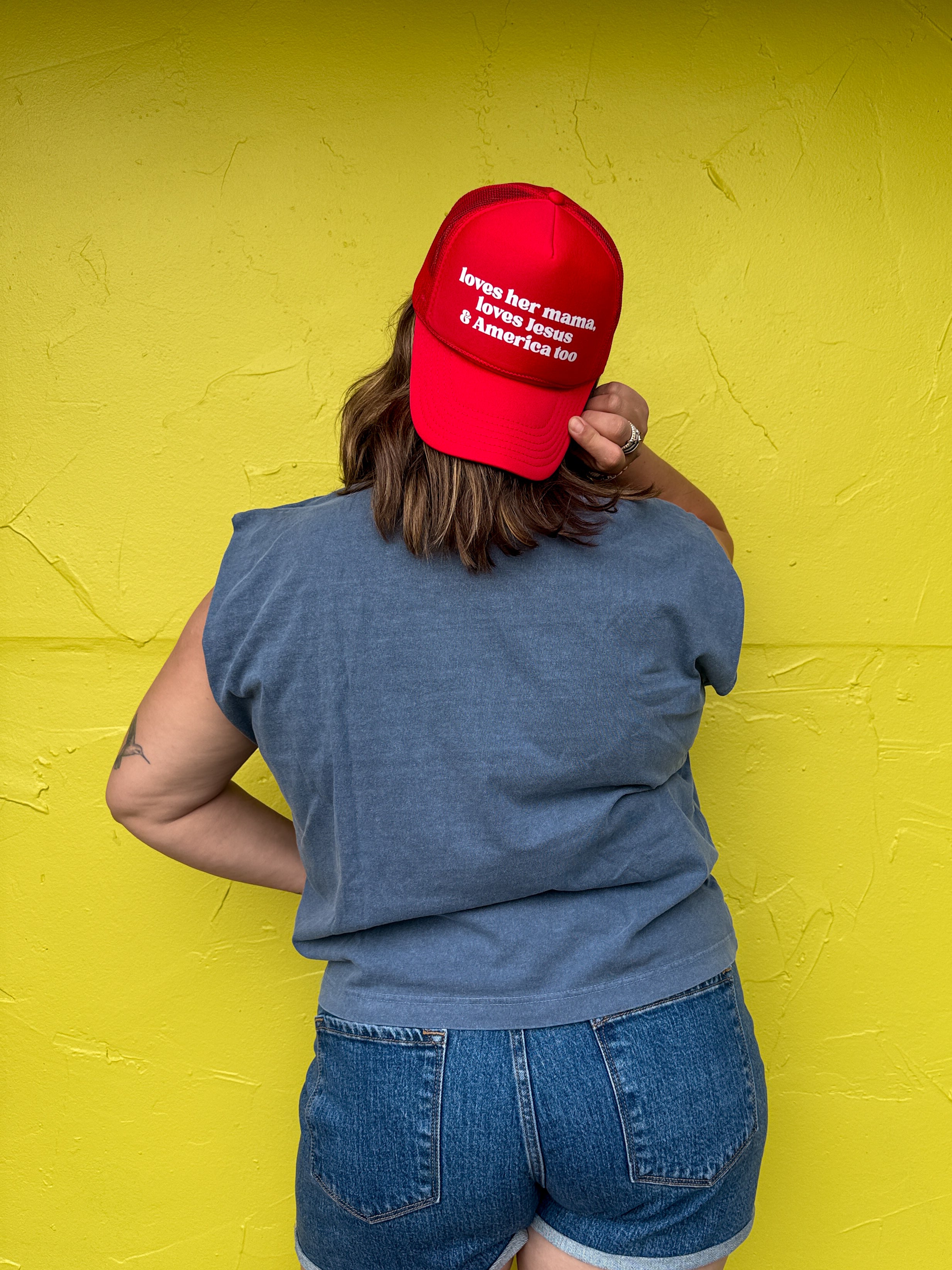 Loves Her Mama, Loves Jesus & America Too Trucker Cap
