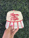 trucker hat with red and white stitching and embroidering that says these are the days 