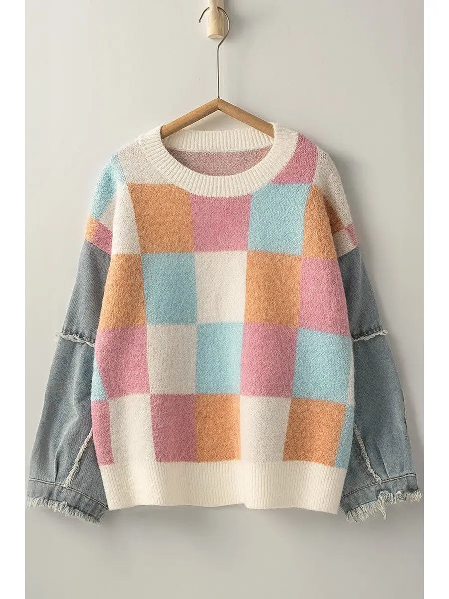 Color Block Checkered Sweater with Denim Sleeves