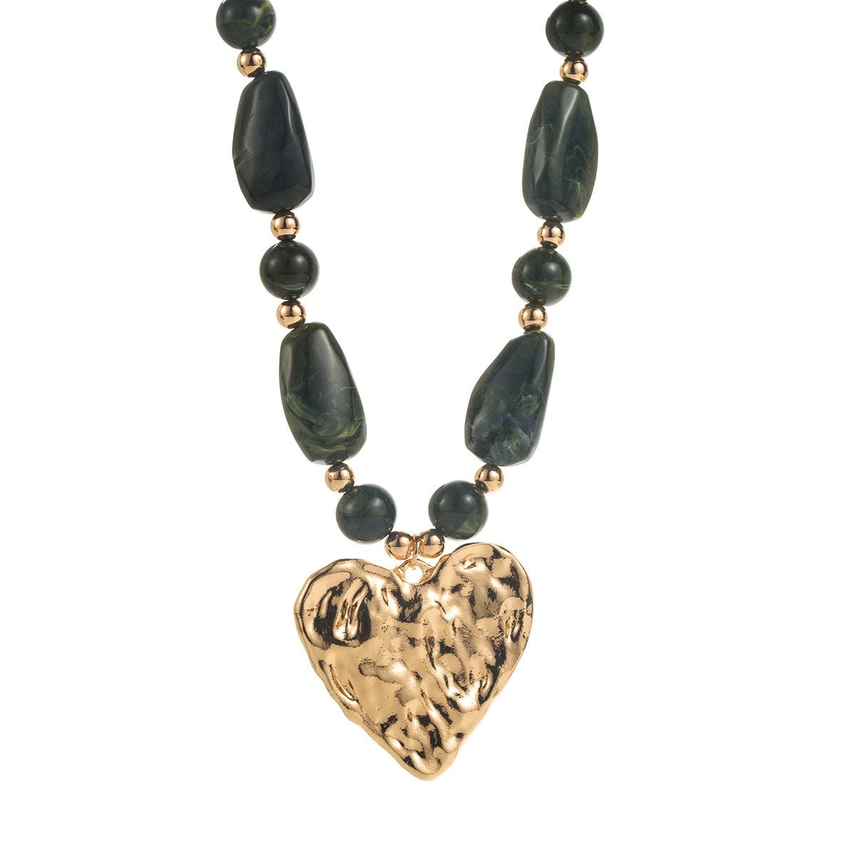 Hammered Heart Pendant Resin Beaded Necklace